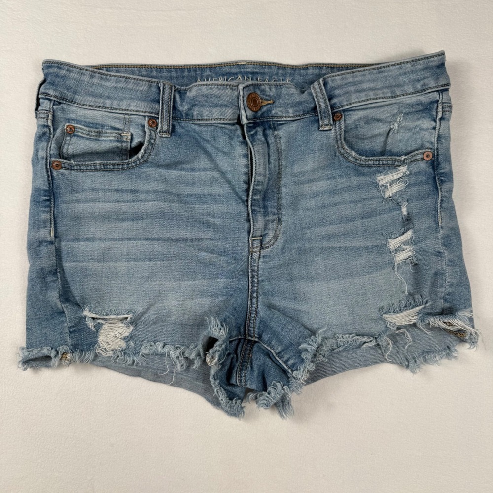 American Eagle Hi-Rise Shortie 16 Blue‎ Distressed Y2K Festival Denim Shorts